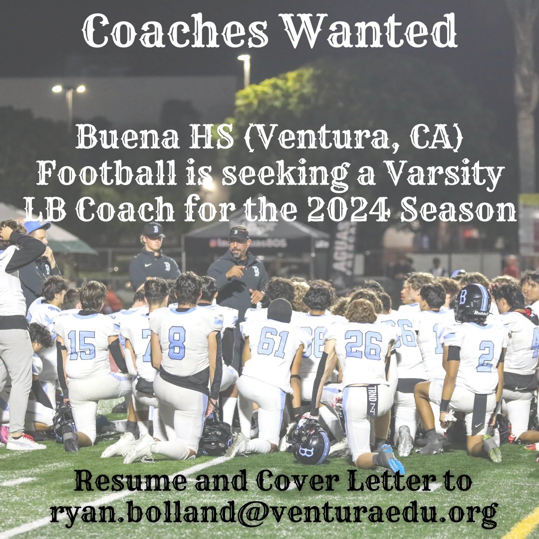 Join our program!  We're seeking a Varsity LB Coach.  Experience coaching ILB in a 4-2-5 preferred, but not required.  Please email resume and cover letter!