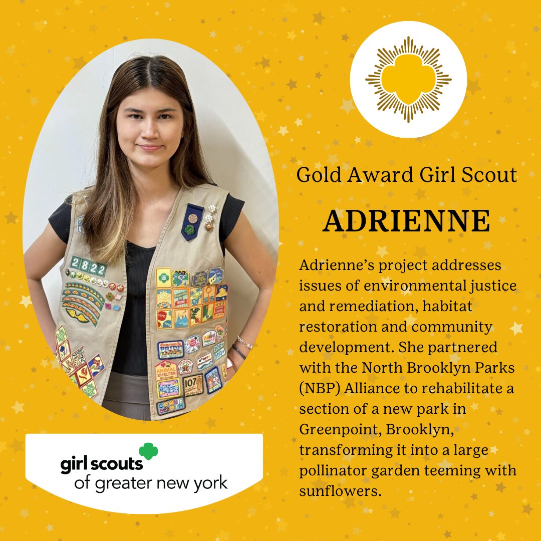 Girl Scouts NYC (@girlscoutsnyc) on Twitter photo ⭐ Meet Adrienne, a Gold Award Girl Scout who teamed up with the <a href="/NBKParks/">North Brooklyn Parks Alliance</a> to transform a local park into a vibrant pollinator garden, showcasing her dedication to environmental justice and community development. 🐝 Great job, Adrienne! 👏 💚 ⭐ Meet Adrienne, a Gold Award Girl Scout who teamed up with the <a href="/NBKParks/">North Brooklyn Parks Alliance</a> to transform a local park into a vibrant pollinator garden, showcasing her dedication to environmental justice and community development. 🐝 Great job, Adrienne! 👏 💚