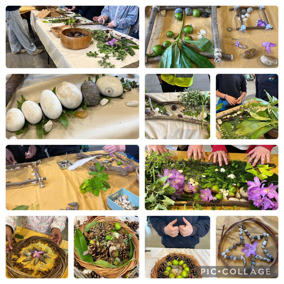RuthMcIlkley's tweet photo. Such creativity from KS2 pupils from across Yorkshire @YorksAgSoc #CountrysideDays! I love running this Natural Art workshop, watching groups slow down and enjoy working with natural materials (often for a change). And this year I have a special assistant 💚. #NatureConnection https://t.co/A6PWzfY5CU