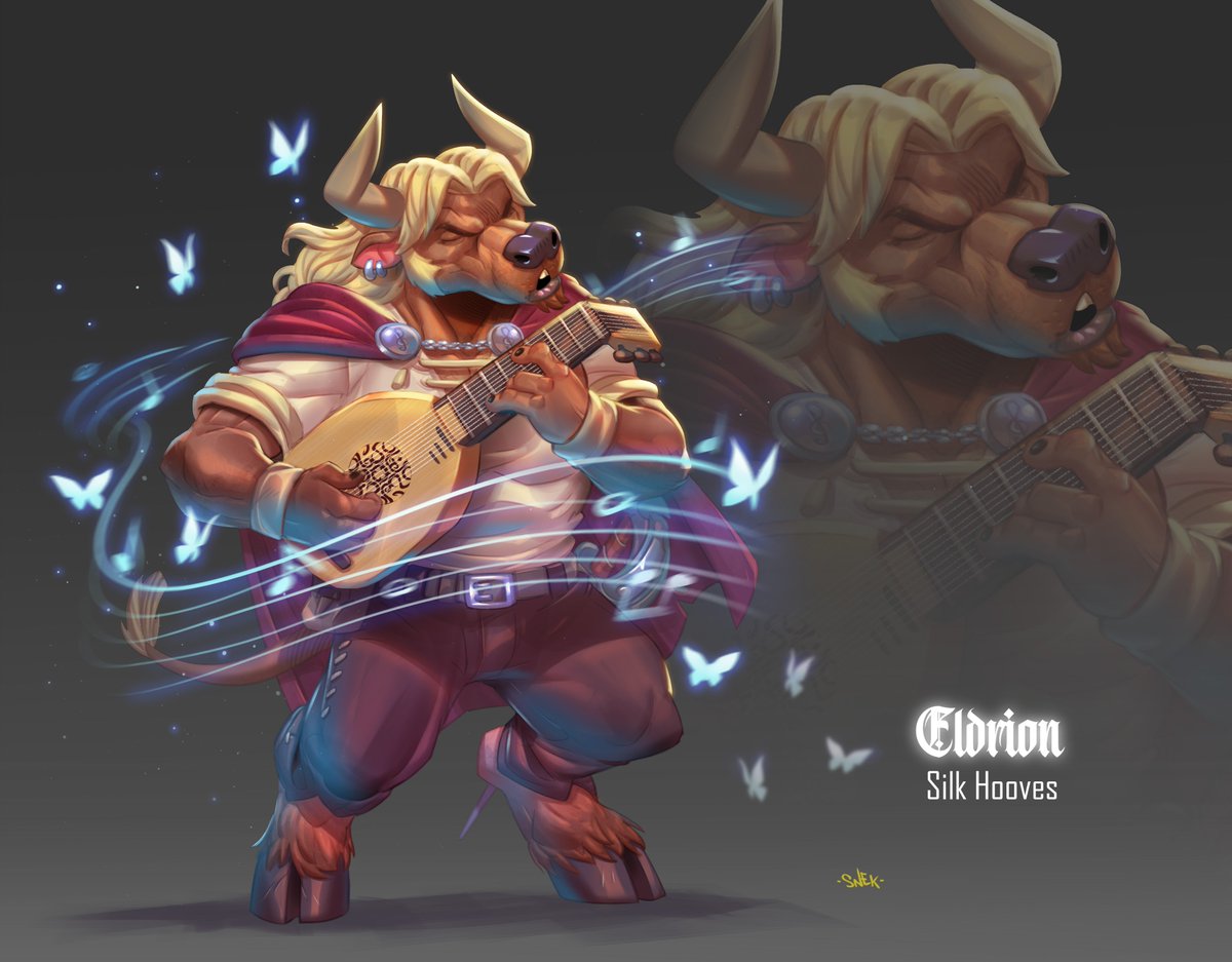 sneekkio's tweet image. Here is the character I drew for @gamutfeathers  !
He is "Eldrion Silk Hooves" and his quote tells everything you need to know about him:
“ My moo-sic is irresistible, just like myself”.
You can see how skilled he is playing his Lute and singing in front of Crowds...
#bard #ded