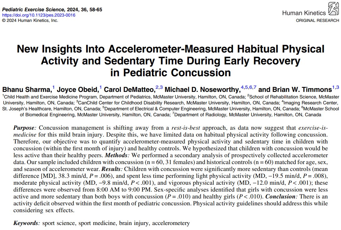 Sharma et al performed a secondary analysis of prospectively collected accelerometer data. To quantify accelerometer-measured physical activity and sedentary time in children with concussion (within the first month of injury) and healthy controls. journals.humankinetics.com/view/journals/…