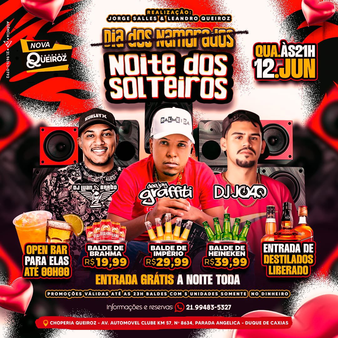 🌀*_AMANHã(VESPERA DE FERIADO) NA CHOPERIA QUEIROZ 😍 TEM ☀️DIA DOS NAMORADOS👩‍❤️‍👨 MAS A NOITE E DOS SOLTEIROS❌💍  ENTRADA GRÁTIS A NOITE TODA + 3 HORAS DE OPEN BAR E VÁRIOS DJS CONVIDADOS 🎉🥳🍾_*