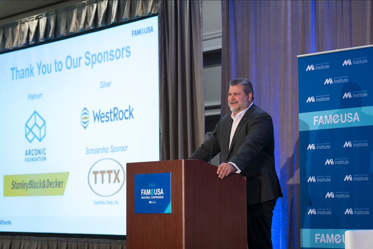 TheMfgInstitute's tweet photo. A special thank you to this year's FAME National Conference sponsors: @arconic Foundation, @StanleyBlkDeckr, @WestRock and Toyotetsu North America! Their dedication to the future of manufacturing is creating a brighter future for the industry. #FAMEUSA #FAMEWorks https://t.co/ycCZb7HWFH