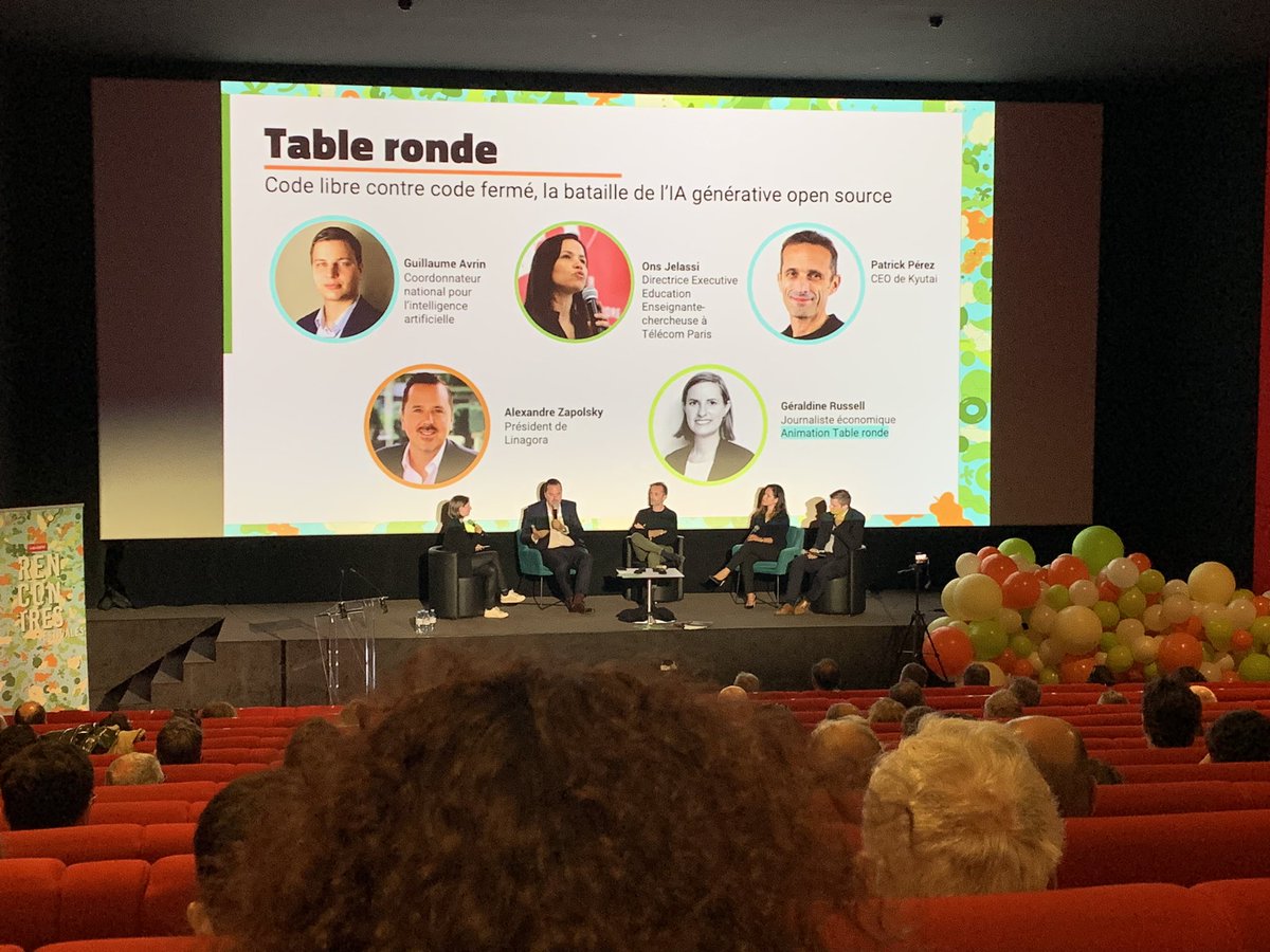 💔 Bertrand Billoud (@bbilloud) on Twitter photo Rencontres estivales <a href="/Cap_Digital/">Cap Digital</a> : table ronde « Code libre vs code fermé, la bataille de l’IA générative #opensource » avec <a href="/AvrinGuillaume/">Guillaume Avrin</a> <a href="/AlexZapolsky/">Alexandre Zapolsky</a> <a href="/Ons_JelassiBA/">Ons Jelassi</a> <a href="/ptrkprz/">Patrick Pérez</a> <a href="/Ge_Russell/">Géraldine Russell</a> Importance d’ouvrir les données d’apprentissage / #opendata et les codes sources des #IA Rencontres estivales <a href="/Cap_Digital/">Cap Digital</a> : table ronde « Code libre vs code fermé, la bataille de l’IA générative #opensource » avec <a href="/AvrinGuillaume/">Guillaume Avrin</a> <a href="/AlexZapolsky/">Alexandre Zapolsky</a> <a href="/Ons_JelassiBA/">Ons Jelassi</a> <a href="/ptrkprz/">Patrick Pérez</a> <a href="/Ge_Russell/">Géraldine Russell</a> Importance d’ouvrir les données d’apprentissage / #opendata et les codes sources des #IA