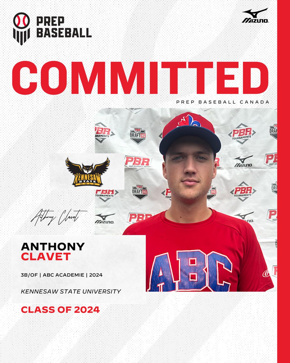 🚨𝐂𝐎𝐌𝐌𝐈𝐓𝐌𝐄𝐍𝐓 𝐀𝐋𝐄𝐑𝐓🚨

'24 3B/OF Anthony Clavet (<a href="/anthony_clavet/">Anthony Clavet</a>) announces his commitment to Kennesaw State University.

Clavet was one of the top uncommitted seniors in the country. 🇨🇦

<a href="/ABCacademie/">Académie de Baseball du Canada</a> || <a href="/KSUOwlsBaseball/">Kennesaw State Baseball</a>
