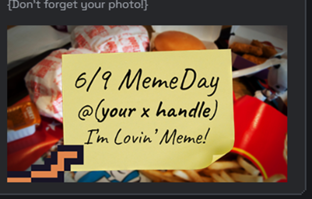 Sarah_Jane_MU's tweet photo. I'm joining my @Memeland fam to celebrate 6/9 the #MemeDay at @McDonalds!

I’m Lovin’ MEME! ❤️‍🔥 https://t.co/ajuRhZ6phZ