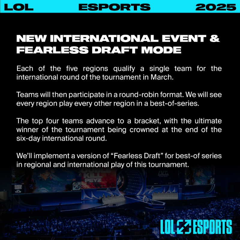 lolesports's tweet photo. LoL Esports updates in 2025 -

A new international event, new Season structure, changes to the Americas and Asia-Pacific regions, and more:
