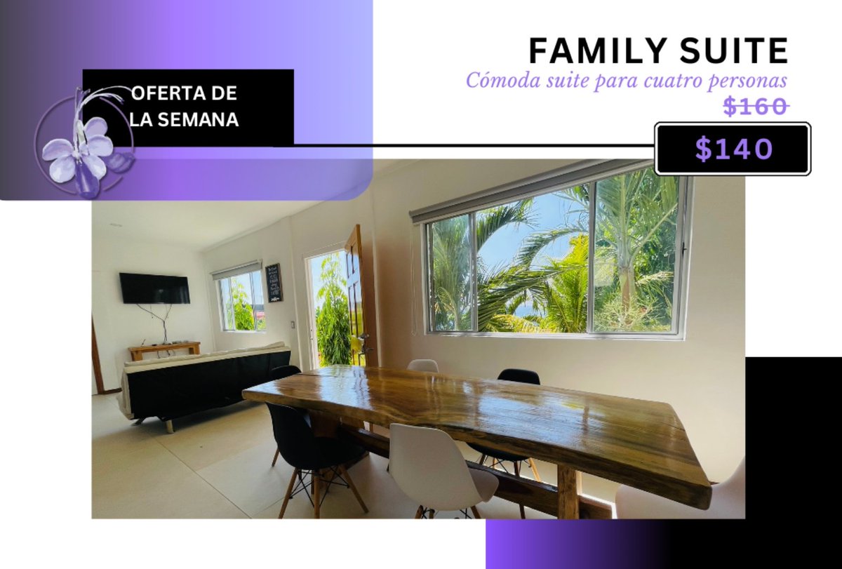 purplesuites's tweet photo. ¡¡¡Segunda promoción para el #mesdelpadre!!! 💲📉💣 Reserva nuestra Suite Familiar completamente equipada, por solo $140, ideal para cuatro personas 💜

#diadelpadre #casadeplaya #ranchosdeplaya #oceanview #ocean #beach #vacationrental #vacationhome #vacation https://t.co/OIOXTtOcda