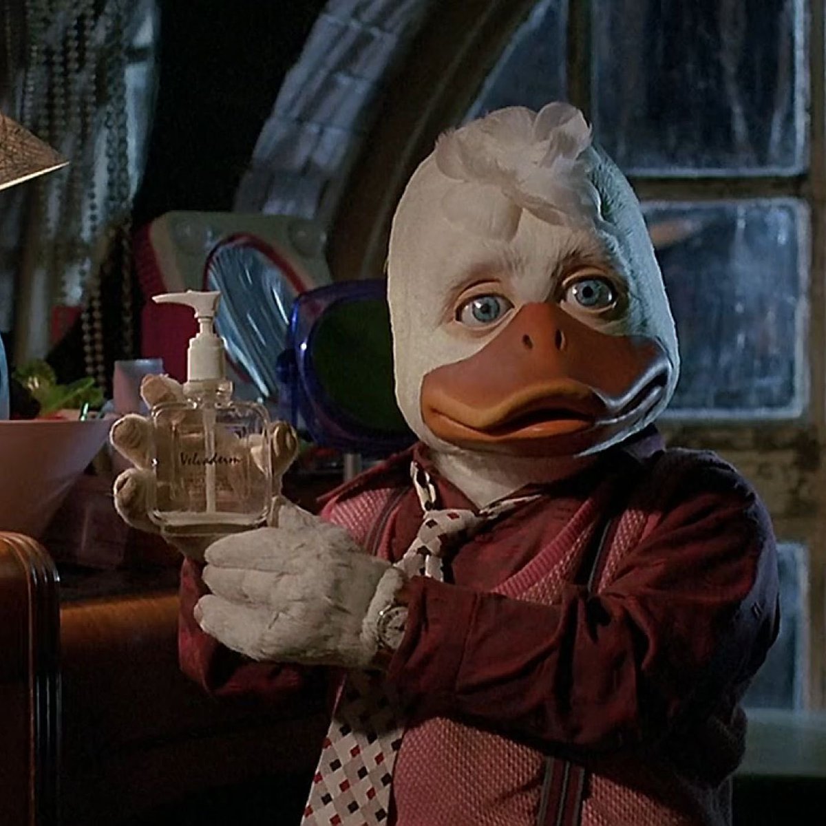 Howard the duck handing out hand sanitizer