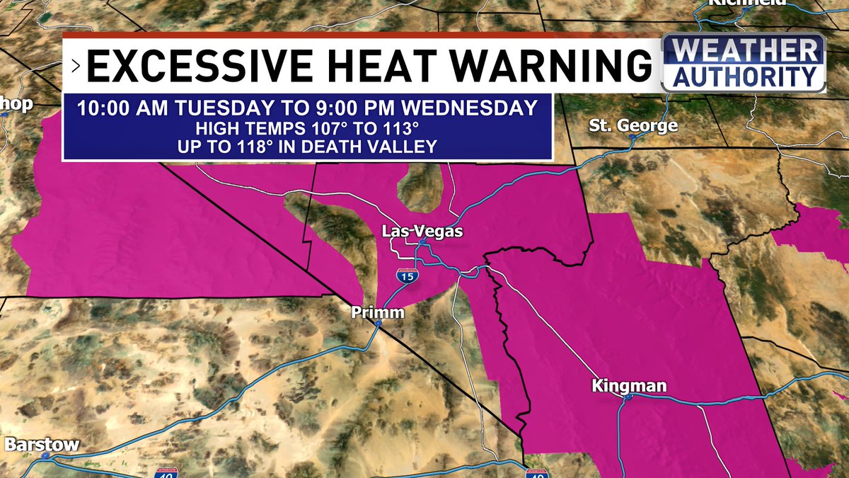 ChloeKoast's tweet image. An #ExcessiveHeatWarning is in effect now through Wednesday night. #WeatherAuthority #LasVegas #HeatWave