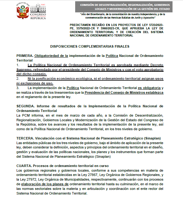 Mañana Comisión de Descentralización debatirá PL Ordenamiento Territorial para pasarlo al Pleno.

❌❌Es una inconsecuencia que señalen que el OT no asigna usos ni exclusiones de uso. ¿Para qué aprobar una ley que sólo es orientativa y no vinculante en el uso del territorio? ❌❌