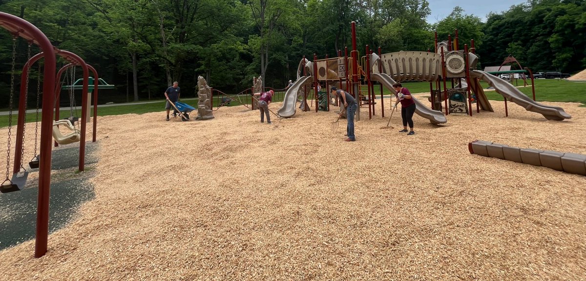 An E-Train team joined staff from the Washington County Parks &amp; Recreation Department at Mingo Creek Park, sprucing up three playgrounds &amp; planting sunflower gardens to prepare for the busy summer months. Thanks to all of our employees who volunteer to improve our communities!