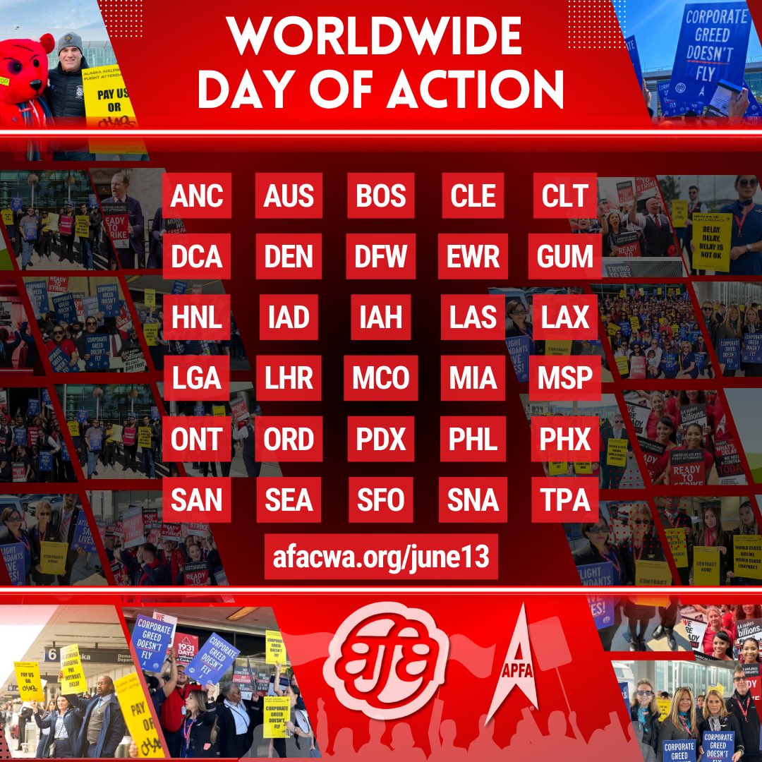 .<a href="/AFAAlaska/">AFA Alaska</a>’s at the table this week. <a href="/AFAUnitedMEC/">AFA United MEC</a>’s at the table this week. <a href="/APFAunity/">Association of Professional Flight Attendants</a>’s at the table this week. Where will you be? 

Get on the picket line Thursday 6/13 for our #SolidaritySummer Worldwide Day of Action. RSVP NOW: afacwa.org/June13 #PayUsOrCHAOS