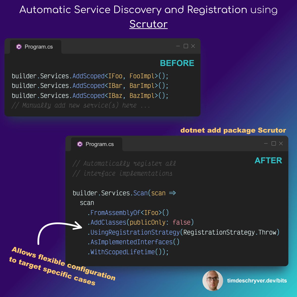 tim_deschryver's tweet photo. 💡 New Tuesday Bit: Automatic Service Discovery and Registration using Scrutor

Check my blog for more info https://t.co/azkL31wf9h

#dotNET #TuesdayBit https://t.co/aZGd9rR67I
