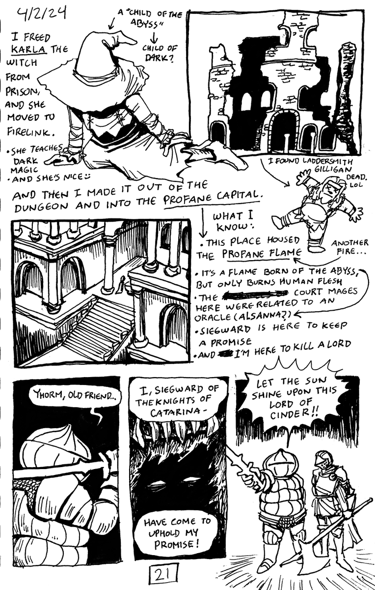 curlytsunamiART's tweet image. ASH SEEKS FIRE, my ds3 blind playthrough sketchbook-journal, is now available to download! 50+ pages of drawings, comics, gameplay notes, story interpretations, and in-game perspective of my ashen one, all for free‼️👇
curlytsunami.itch.io/ash-seeks-fire
#darksouls #darksouls3