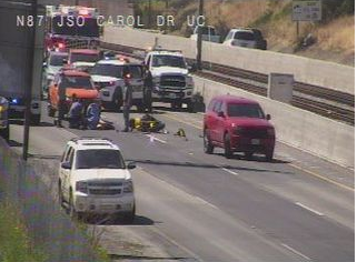 KCBSAMFMTraffic's tweet photo. #SanJose Highway 87 northbound crash involving a motorcycle rider down in the 2 left lanes... traffic is heavy from before Capitol Expressway. #Caltrans #KCBSTraffic https://t.co/ojR1Bz3Wv5