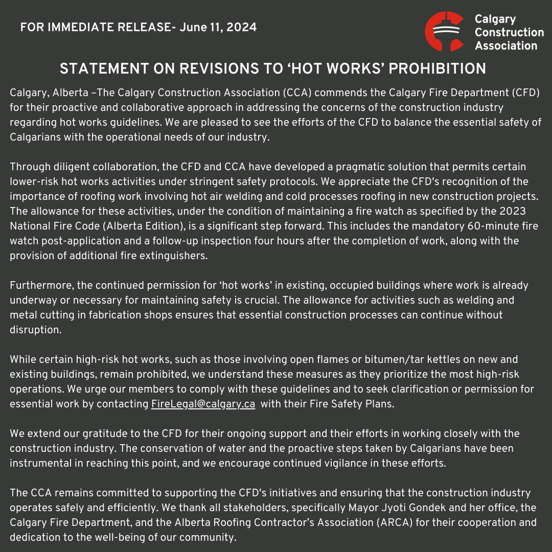 BREAKING: After conversation and collaboration with the #Calgary Fire Department, Mayor <a href="/JyotiGondek/">Jyoti Gondek</a>, and the Alberta Roofing Contractors Association, we are pleased to see balanced, practical revisions to the 'hot works' ban.

Our full statement: cgyca.com/industry-updat…
#yyccc