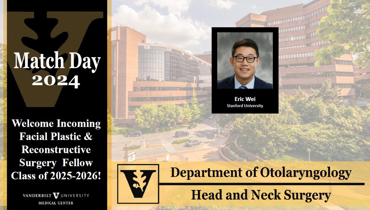 VanderbiltENT's tweet photo. We are excited to announce our incoming Facial Plastics & Reconstructive Surgery Fellow for 2025-2026 is Eric Wei from @StanfordOHNS. @StanfordMed #OtoMatch #Fellowship #FPRS https://t.co/02GuMAnsxo