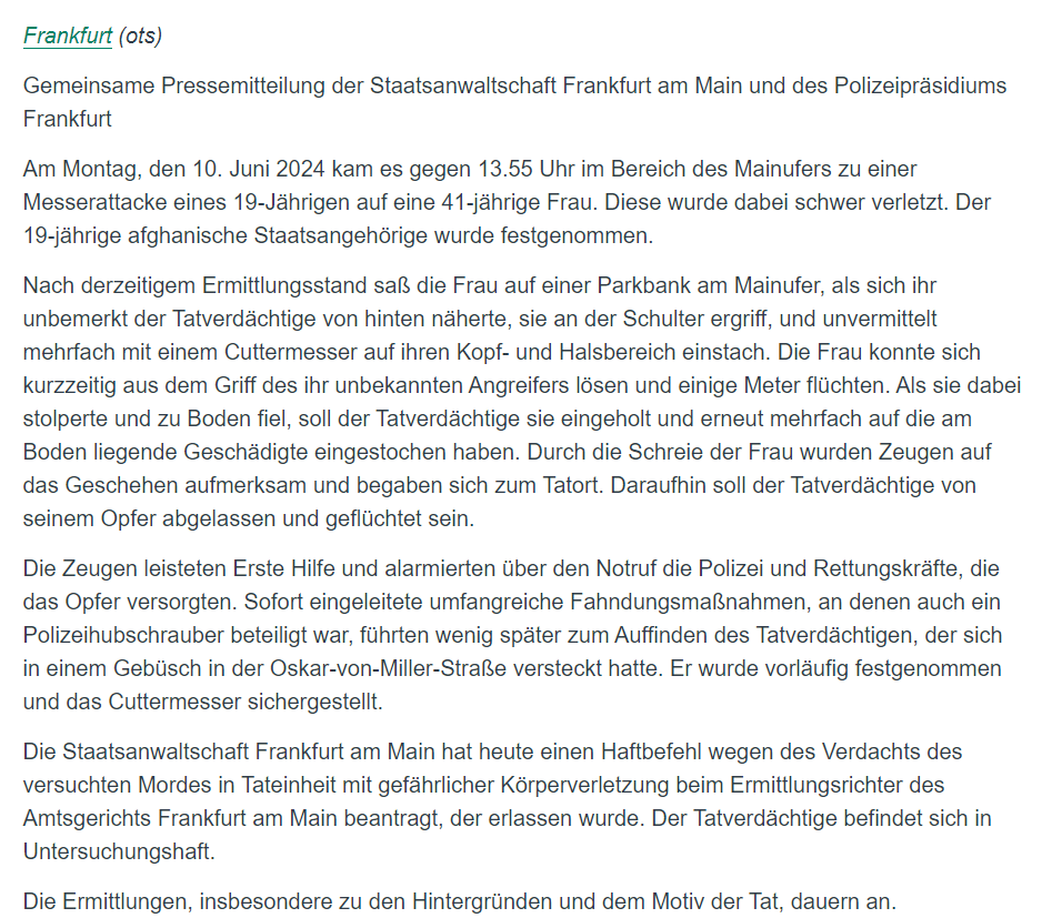 YveK22's tweet photo. Eine Frau sitzt in Frankfurt auf einer Parkbank. Ein 19 jähriger Afghane überfällt sie hinterrücks und sticht ihr mit einem Cuttermesser mehrfach in den Kopf- und Halsbereich. 

Das nennt sich Messer-Dschihad oder kleiner Dschihad. Unvermittelte Angriffe im öffentlichen Raum von Muslimen auf in deren Augen Ungläubige. Mit Ungläubige sind wir alle gemeint. Schuldig sind diese fanatischen Glaubenskrieger, mitverantwortlich sind die politischen Entscheider, die es möglich gemacht haben, dass diese Barbaren in Scharen frei unter uns herumrennen können. Derartige Angriffe können jederzeit und überall passieren. Nirgendwo sollen wir mehr sicher sein. Das ist das Ziel. 
Schönen Dank auch, Merkel, Ampel und Co.
