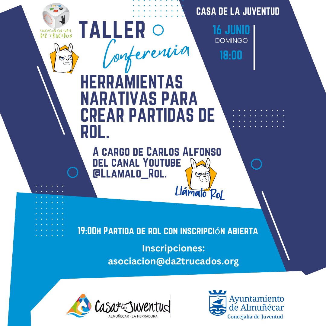 Domingo 16, Casa de la Juventud.  Taller Conferencia Herramientas para Crear Partidas de Rol, a cargo de la gente del canal de YouTube <a href="/Llamalo_RoL/">Llámalo_RoL</a> Nos contarán como se puede crear partidas al tiempo que los jugadores participan en ella.
