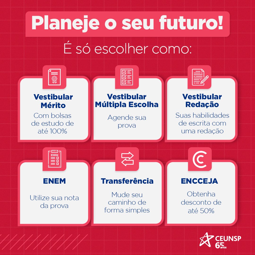 CEUNSP's tweet photo. INSCRIÇÕES ABERTAS PARA 2024.2! 😉

Escolha a melhor forma de ingresso e venha estudar conosco. Seu futuro te espera. Confira no link abaixo. 👇🏻
https://t.co/sWyTs9D6NM https://t.co/hhTihTFeSG