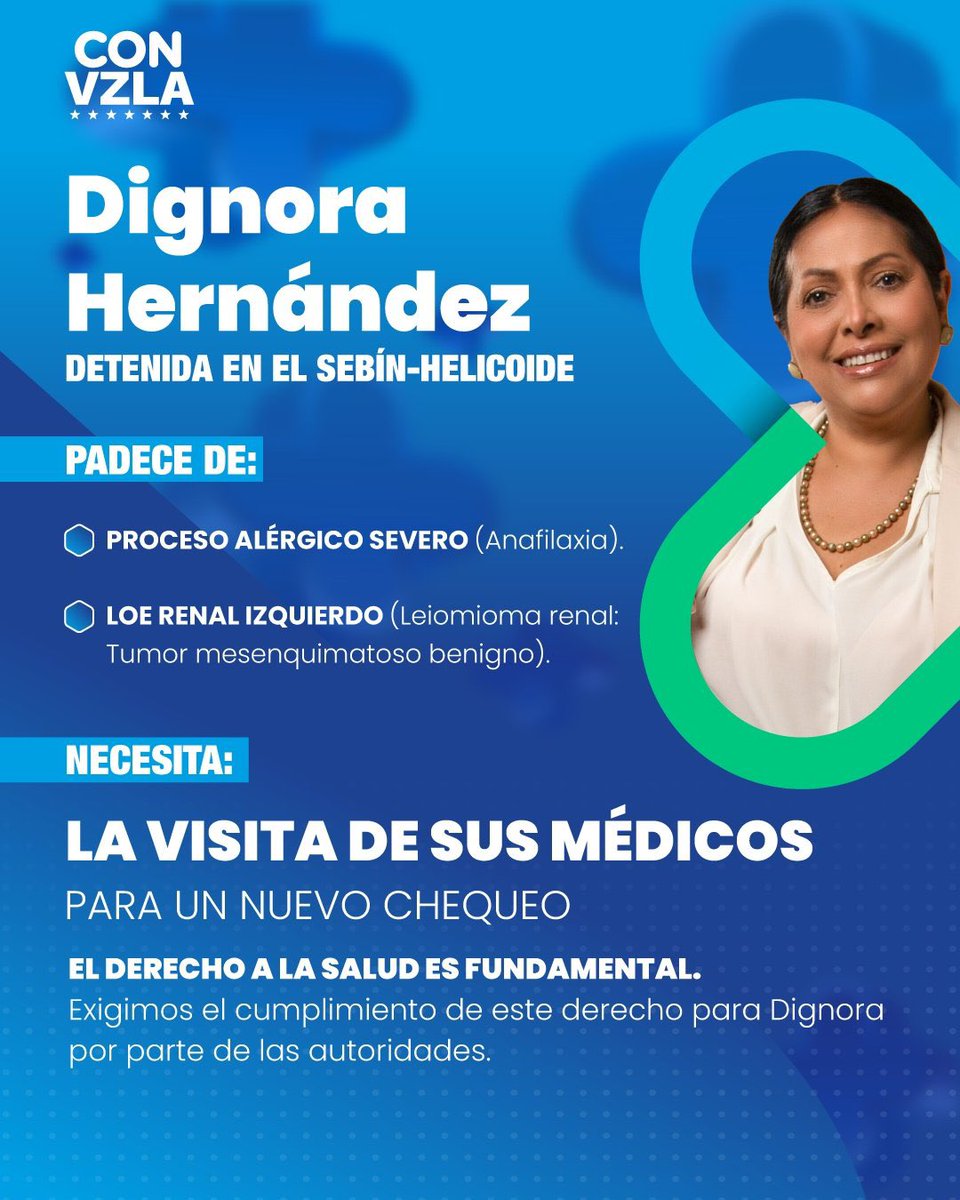 VenteMerida's tweet image. 🚨Dignora, padece de un proceso alérgico severo y un Leiomioma renal (LOE), por lo que debe ser atendida por un médico li antes posible. 

El derecho a la salud es fundamental. Su integridad física podría estar comprometida. 

¡Exigimos atención médica y su libertad inmediata!