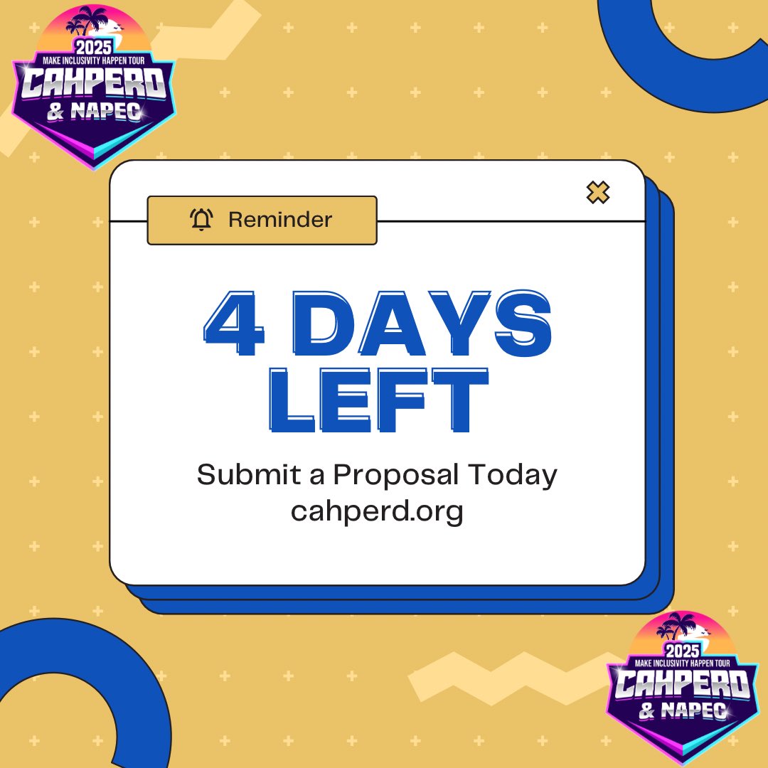 CAHPERD's tweet photo. Deadline is approaching. Present at the 2025 CAHPERD & NAPEC Joint Conference! https://t.co/6YRNNVNbsT #healthed #physed #rec #dance #athletic #ape #adaptedphysed #MIH @CA_AdaptedPE https://t.co/ZvThPL06A3