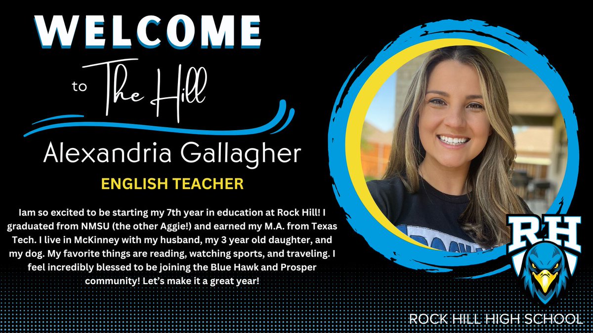 RockHillHS's tweet photo. Here's to another incredible addition to our faculty! Thrilled to welcome Mrs. Alexandria Gallagher to the Rock Hill English team!  Her passion for literature and dedication to students is sure to shine bright at The Hill. @eastngat @RockHillMedia @ProsperISD @RockHillHS https://t.co/veHd9MP5WL