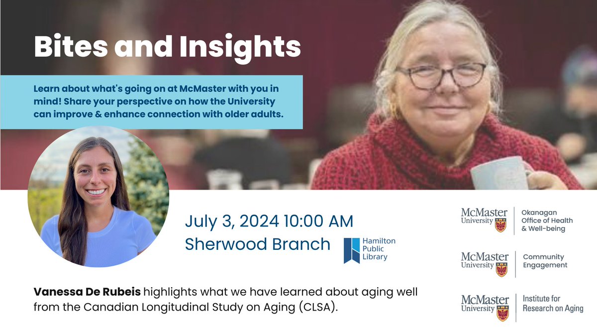 MIRA McMaster (@miramcmaster) on Twitter photo <a href="/GilbreaCentre/">Gilbrea Centre</a> <a href="/macokanagan/">McMaster Okanagan Office of Health & Well-being</a> <a href="/McMasterOCE/">McMaster OCE</a> <a href="/McMasterAlumni/">McMaster Alumni</a> <a href="/McMasterU/">McMaster University</a> Coming up:
Sophini Subramaniam discusses wearable technology & mobility at Dundas Library on June 17th at 1:30 PM.
Register here: events.hpl.ca/events?r=nextw…
<a href="/VanessaDeRubeis/">Vanessa De Rubeis</a> presents on what we have learned about aging well from <a href="/clsa_elcv/">Canadian Longitudinal Study on Aging (CLSA)</a>.
Register here: events.hpl.ca/event/10882607 <a href="/GilbreaCentre/">Gilbrea Centre</a> <a href="/macokanagan/">McMaster Okanagan Office of Health & Well-being</a> <a href="/McMasterOCE/">McMaster OCE</a> <a href="/McMasterAlumni/">McMaster Alumni</a> <a href="/McMasterU/">McMaster University</a> Coming up:
Sophini Subramaniam discusses wearable technology & mobility at Dundas Library on June 17th at 1:30 PM.
Register here: events.hpl.ca/events?r=nextw…
<a href="/VanessaDeRubeis/">Vanessa De Rubeis</a> presents on what we have learned about aging well from <a href="/clsa_elcv/">Canadian Longitudinal Study on Aging (CLSA)</a>.
Register here: events.hpl.ca/event/10882607