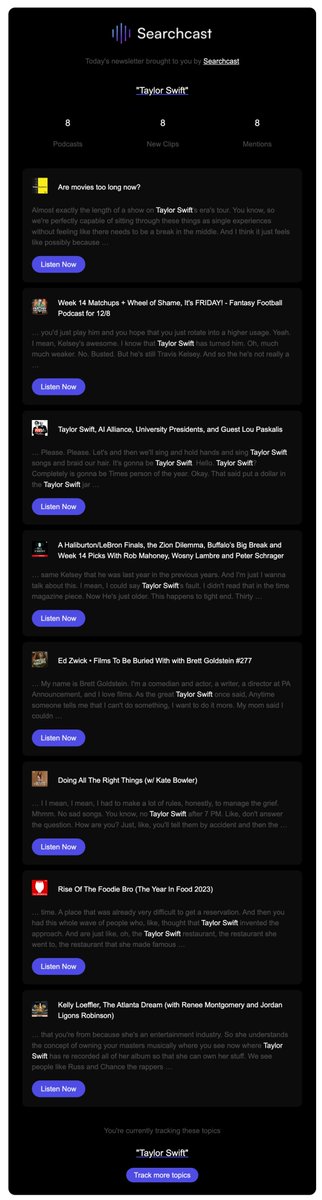 ItsBrianSun's tweet image. Launched a side project! Searchcast is a podcast audio search engine: searchcast.co

- Find the best podcast clips on any topic
- Listen to clips directly in the search results
- Search just like you do on Google everyday

You can also get new podcast clips on topics…
