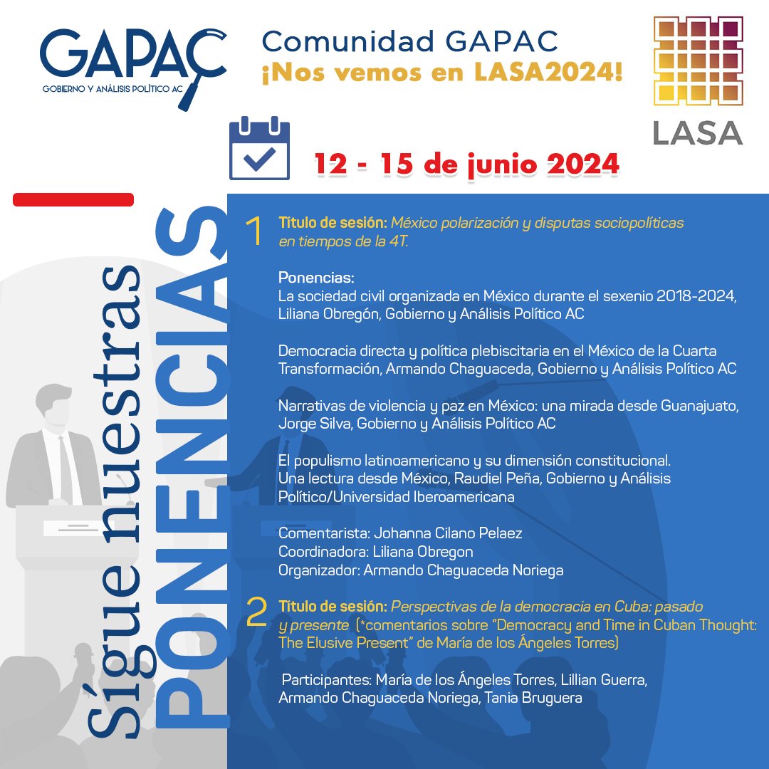 GobAPAC's tweet photo. 🎊| Comunidad #GAPAC estamos felices por la participación de nuestras investigadoras e investigadores en @LASACONGRESS
@ObregonLili @Maripuerta @HildaLandrove @yrosabal
@jorge_silva20 @DMando21 @ClaudiaMare85 @CaniveEloy
¡Nos vemos mañana Bogotá! https://t.co/WF1iAoP7m1