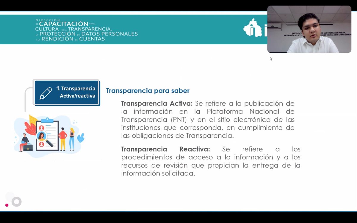 InfoCdMex's tweet photo. La persona instructora refiere que la #TransparenciaProactiva genera conocimiento público útil, cuya finalidad es atender las necesidades específicas de un sector de la sociedad, y que las personas conozcan cuáles son sus derechos y cómo usarlos.
#CapacitaciónINFO https://t.co/iyugl5ZCJS