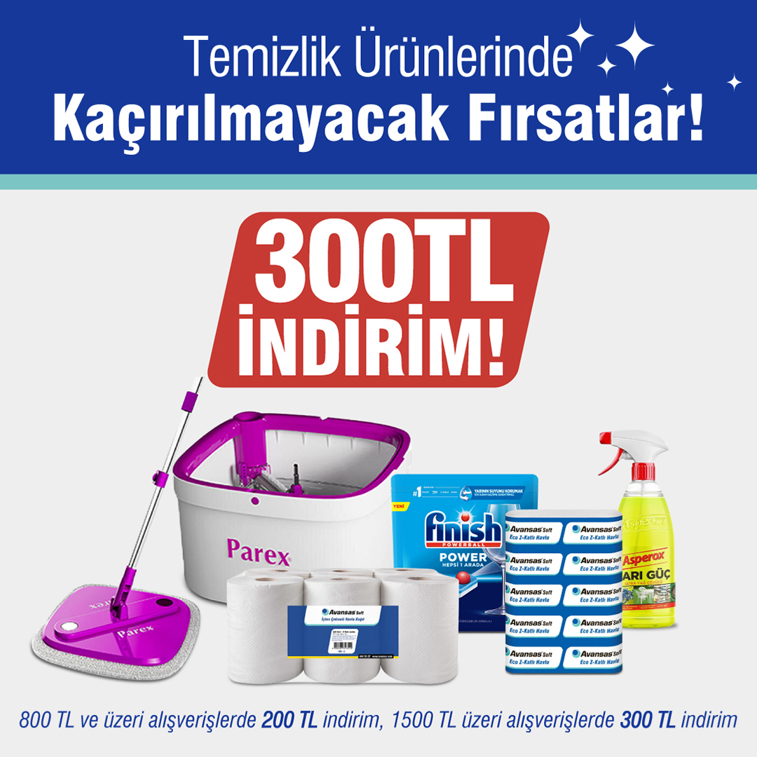 Temizlik ürünlerinde 300 TL'ye varan indirim fırsatları Avansas'ta!
#AAAvansas #kampanya