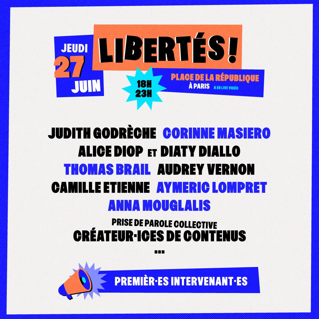 arretsurimages's tweet photo. Demain, réunissons-nous toutes et tous à 18h, place de la République à Paris, pour barrer la route au RN avec Judith Godrèche, Camille Étienne, Alice Diop, Corinne Masiero et bien d'autres 👀 On se voit là-bas ? https://t.co/CE21qWzRqD