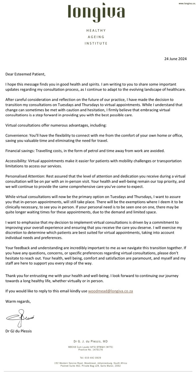 DrGys's tweet photo. Dear Esteemed Patient,

I hope this message finds you in good health and spirits. I am writing to you to share some important updates regarding my consultation process, as I continue to adapt to the evolving landscape of healthcare.

After careful consideration and reflection ... https://t.co/agE5wbgBpS