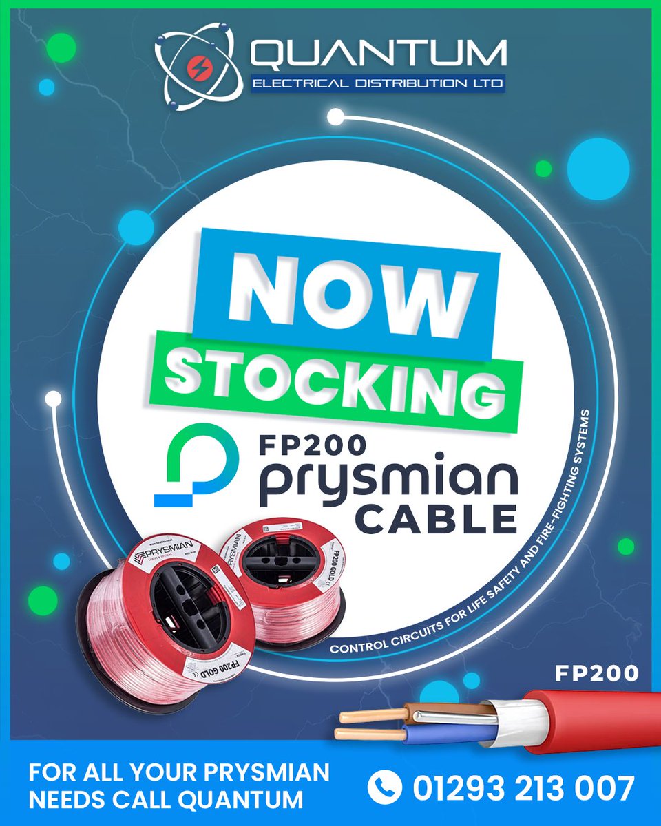 We are thrilled to announce that we are now official stockists of <a href="/Prysmian_/">Prysmian</a>, the leaders in cable technology! From the renowned FP200 cable and beyond, we’ve got all your Prysmian needs covered.

📞 Need more info? Give us a call at 01293 213 007 or visit us at Quantum House.