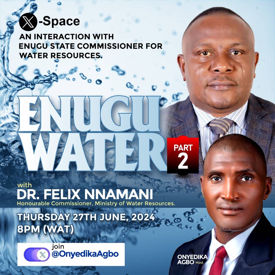 Good morning, NDI ENUGU!

I will be sharing updates on the amazing work done so far in improving water supplies across our state. 

Join us tomorrow Thursday at <a href="/OnyedikaAgbo/">Onyedika</a>'s X-space, by 8:PM, to learn about the progress, achievements, and future plans! 

#MWR
#EnuguWaterPart2