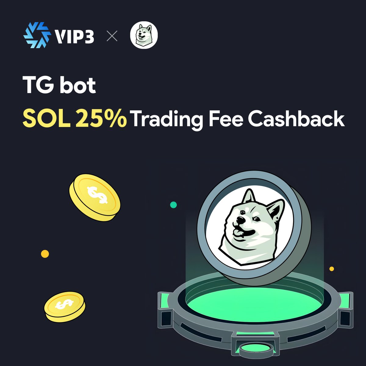 🎉 We are pleased to announce our partnership with <a href="/dogee_io/">Dogee</a>, a Telegram #DeFi bot created by data scientists for trading on the Solana Chain. VIP3 holders can enjoy:

🔹 A 25% rebate on transaction fees, sponsored by VIP3.

🎁 Enjoy your benefit here: dapp.vip3.io/benefit/Dogeeb…