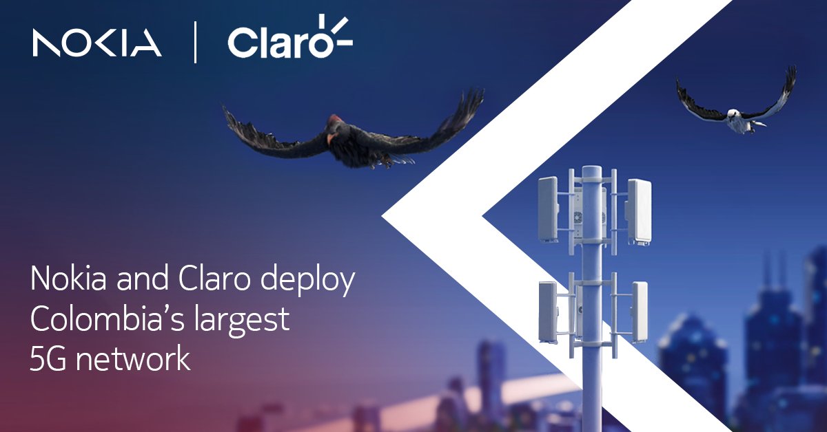 Nokia and <a href="/ClaroColombia/">Claro Colombia</a> have successfully completed the first stage of Colombia's largest #5G deployment covering over 1,000 sites nationwide in record time. The contract builds on our 20-year partnership covering 2G, 3G, 4G and now 5G. Read more: nokia.ly/4bjvZmo