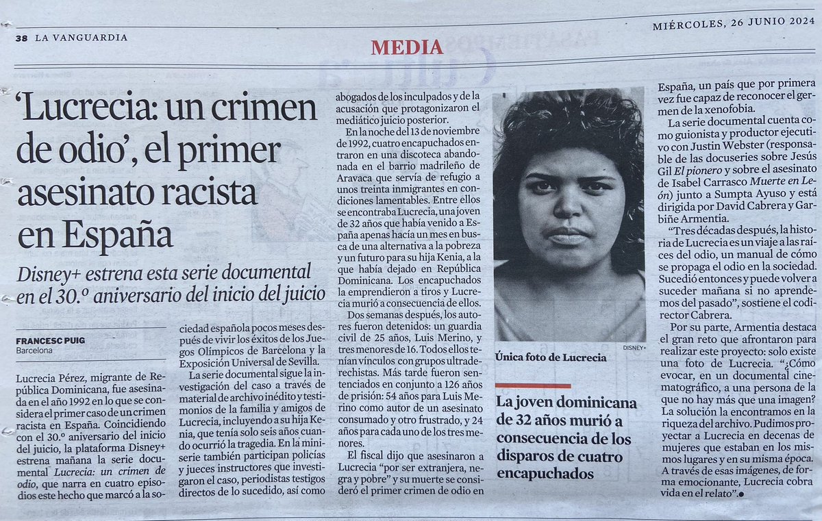 En una semana tan crucial para Europa, se estrena “Lucrecia, un crimen de odio”, primer asesinato racista en España. Los asesinos tenían vínculos con grupos ultraderechistas. “Un manual de cómo se propaga el odio en la sociedad”, dice su director <a href="/cabreradavid/">david cabrera</a>.
En <a href="/DisneyPlusES/">Disney+ España</a>.