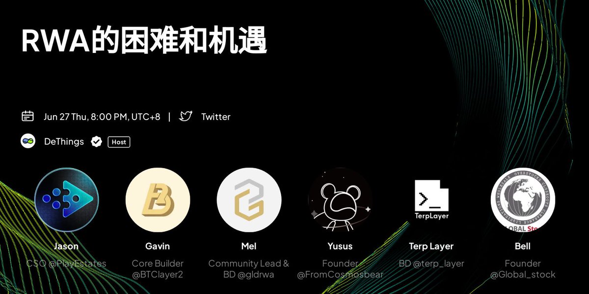 🚀 DeThings  #AMA : RWA的困难与机遇
📅 06.27 周四 8:00 PM （UTC+8）  
💰 点赞+转发+评论, 抽3人平分$30

🎙️<a href="/DeThingsNews/">DeThings</a> (<a href="/Anitahityou/">Anita AGI/acc</a>)
💁嘉宾： 
Jason <a href="/jas0n1u/">jas0n1u</a> - CSO <a href="/PlayEstates/">PlayEstates</a> 
Gavin <a href="/gguoss/">Lux(λ) ｜光灵｜GEB</a> - Core Builder @BTClayer2 
Mel - 社区和商务负责人 <a href="/gldrwa/">GOLDAO previous</a> 
Yusus - Founder