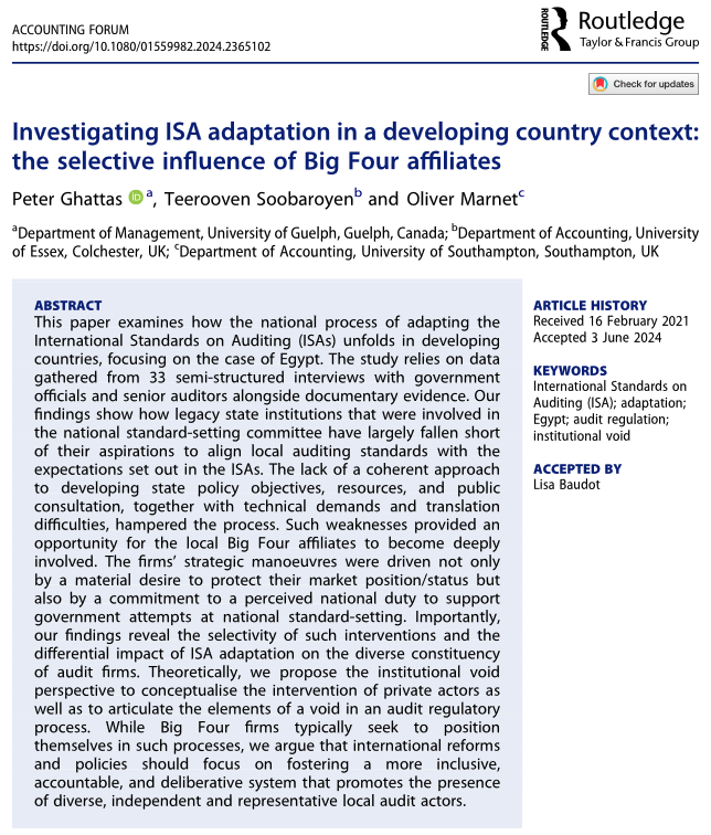 🗣Hot Off the Press in #AccForum! Investigating #ISA adaptation in a developing country context: the selective influence of Big Four affiliates by 
Peter Ghattas, Teerooven Soobaroyen &amp; Oliver Marnet
 <a href="/uofg/">University of Guelph</a> <a href="/Uni_of_Essex/">University of Essex</a> <a href="/unisouthampton/">University of Southampton</a> 
#Audit #Egypt
tandfonline.com/doi/full/10.10…