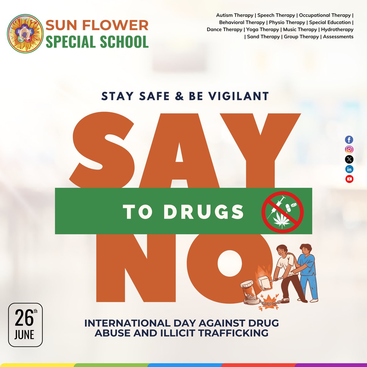 SpecialSchool55's tweet photo. LET'S SAY NO TO DRUGS. EDUCATE EVERYONE AROUND YOU &amp; LIVE A HEALTHY LIFE.

 Call us: 9849912048

#SunflowerSpecialSchool #autismtherapy #specialeducation #specialcare #BestSchool #therapyeducation #physiotherapy #hydrotherapy #BestEducationInstitute #BestSchoolInVizag https://t.co/Cj9FbptnYJ