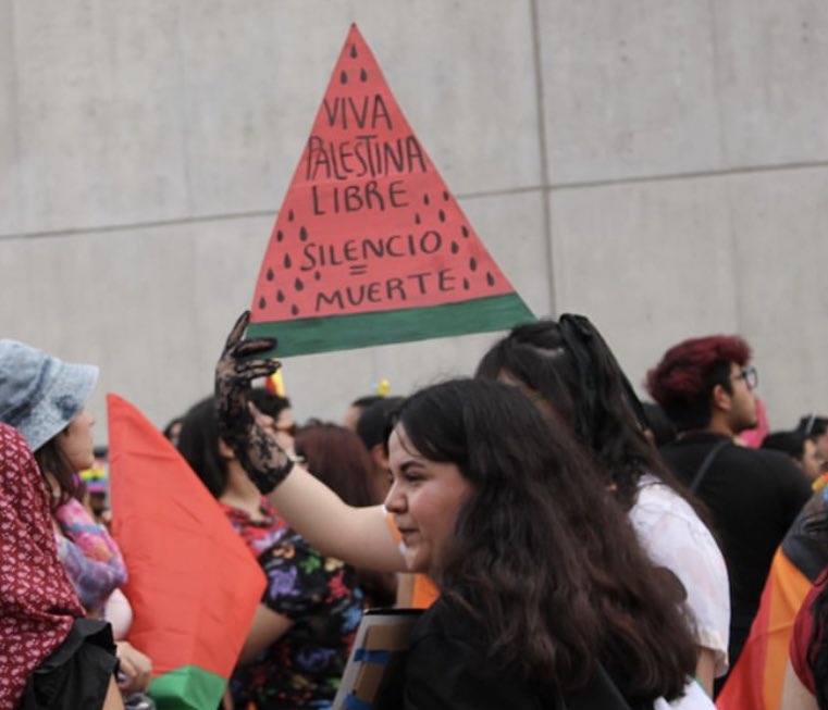 LGBTI+ collectives along with Palestine solidarity organizations join together in Torreón, Coahuila to say, ”With genocide there is no pride!” They’re calling for international solidarity with Palestine, denouncing Israel's pinkwashing &amp; demanding justice for trans-feminicides!💛