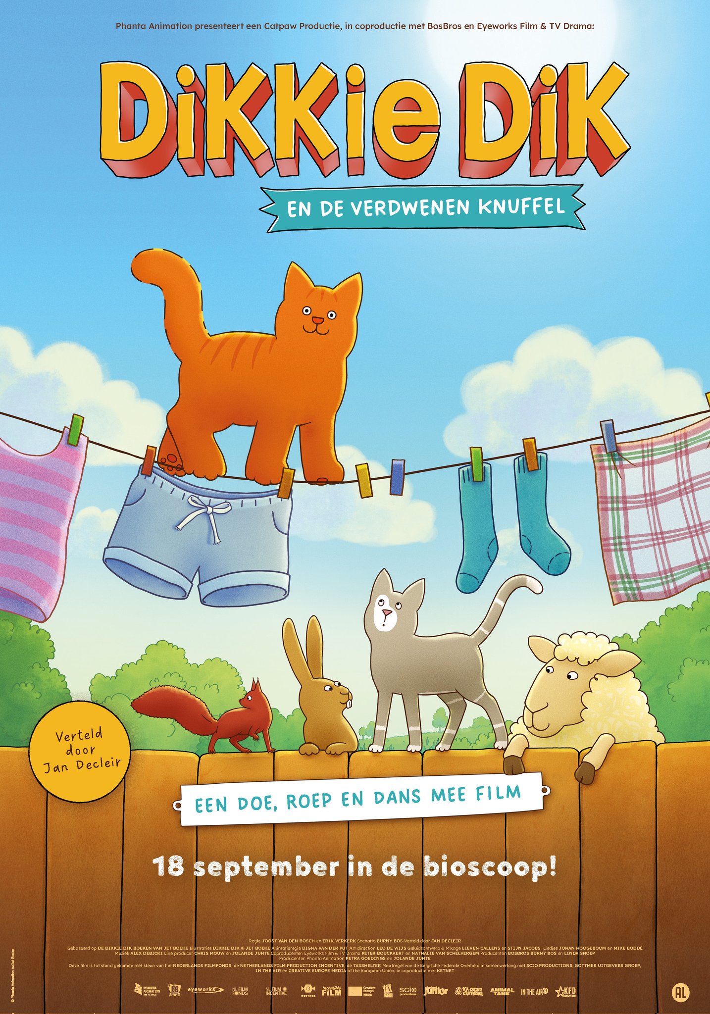 Dikkie Dik en de Verdwenen Knuffel met Jan Decleir zal vanaf 18 september 2024 te zien zijn in Belgische bioscopen