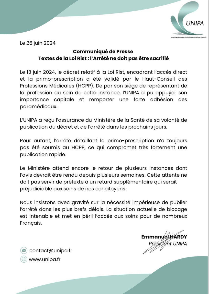 🚨Communiqué de presse du <a href="/Syndicat_UNIPA/">Syndicat UNIPA</a> - Textes de la Loi Rist : l’Arrêté ne doit pas être sacrifié