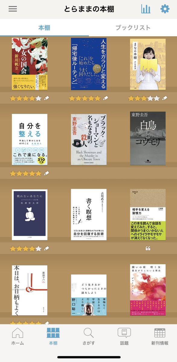 朝の時間を読書タイムにするルーティンが定着してきて少しずつ増えてきた本棚📕　ブクログアプリ<a href="/booklogjp/">ブクログ 【公式】アカウント</a>  に書いた感想にイイネされると、今まで感じた事のない嬉しさもある。読みたい本もどんどん増える。