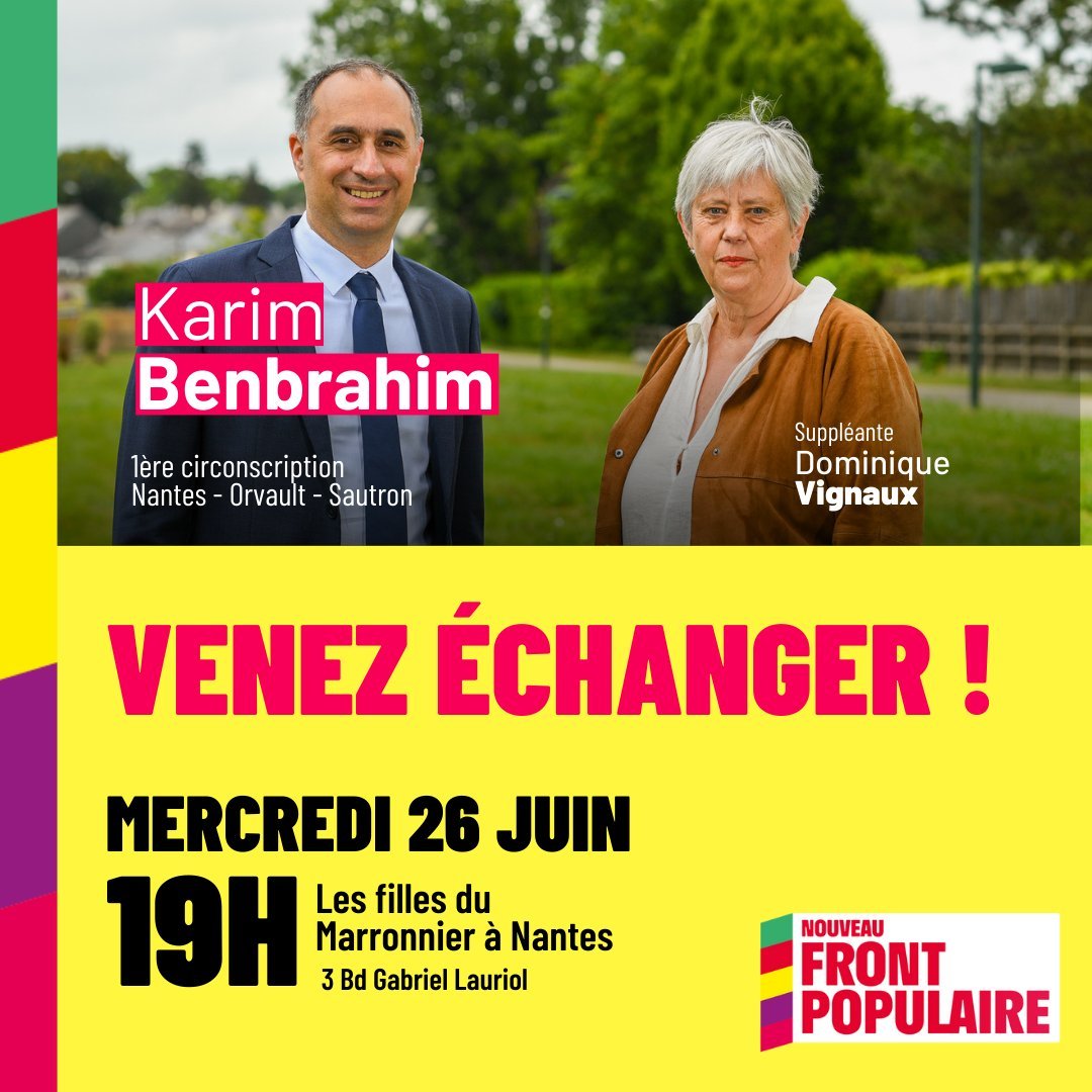 Je vous donne rendez-vous ce soir à 19h pour échanger sur le projet du Nouveau Front Populaire et sur ma candidature dans la 1ère circonscription de Loire-Atlantique.

📍Mercredi 19h, les Filles du Marronnier, 3 boulevard Gabriel Lauriol à Nantes

#Nantes #Orvault #Sautron