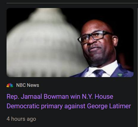 CUNY_Prof's tweet photo. So, to summarize the evening, NBC falsely reported that Bowman had WON the primary and the New York Times reported that Bowman had lost because the Jews control the world. Quite a night for our "mainstream" media. https://t.co/UxKP86FxUe