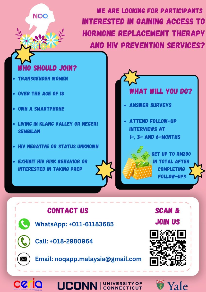 NOQ_4you's tweet photo. Hi! 👋🏳️‍⚧️

📑We are looking for trans women to join our study to improving access to hormones (HRT) and HIV prevention services

✍️Check your eligibility to participate in the study via the poster or by clicking on the link in our bio!

📲Whatsapp us at +60 11-6118 3685 https://t.co/vqX8Rx6O6z